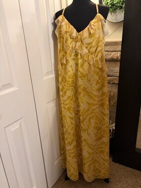 Eloquii Yellow Ruffled Sleeveless Dress with Swirl Print